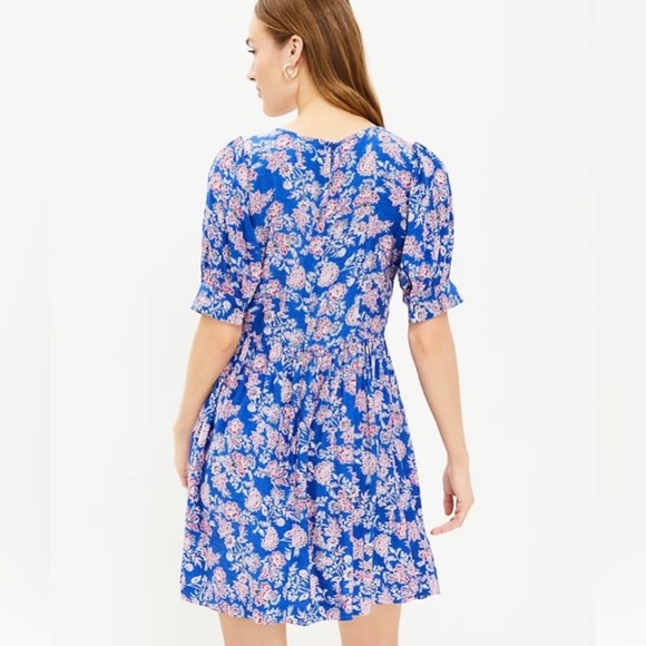 13. LOFT Blue Floral Asymmetrical Short Sleeve Dress Size 6 - Picture 2 of 8